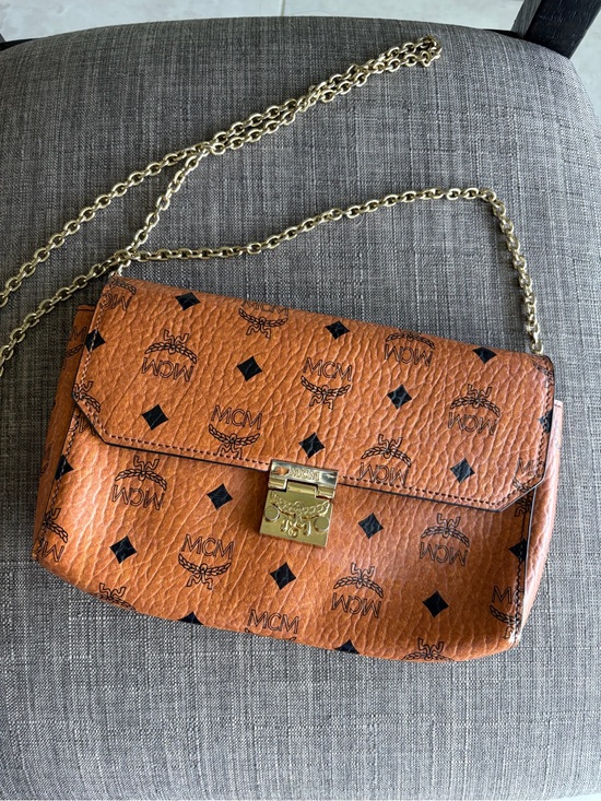 MCM Handbags - MCM Cognac Visetos Leather Shoulder Bag with Gold Chain